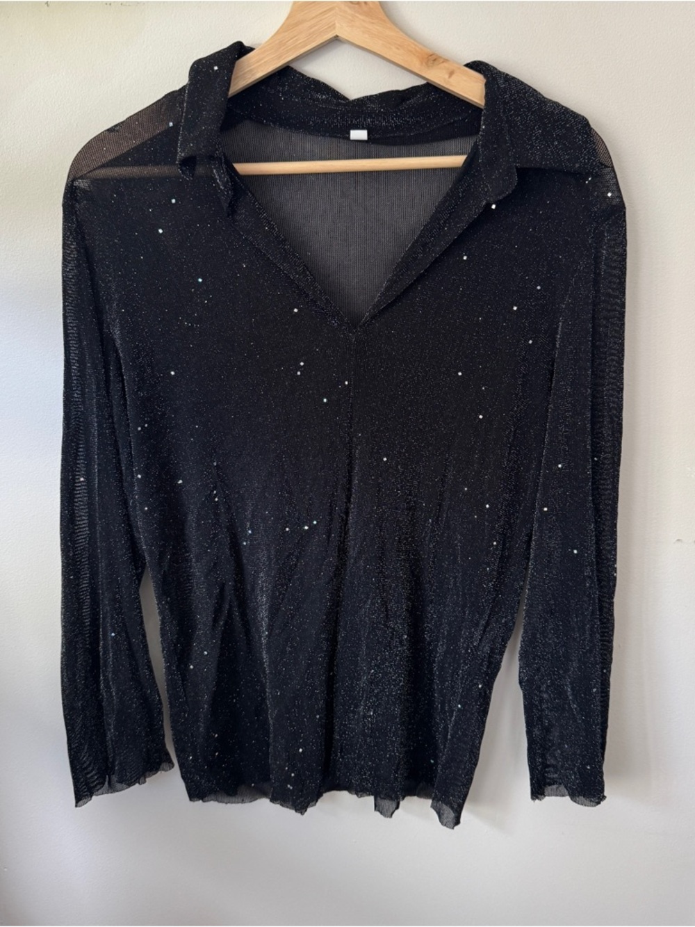 SHEIN Black mesh see through Sparkle V-Neck Long Sleeve Top with Collar